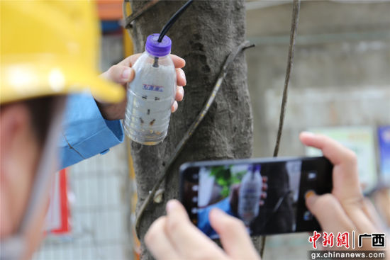 住户为防止雨天插座漏电而套上的塑料瓶中积水明显，存在漏电隐患。谢耘 摄